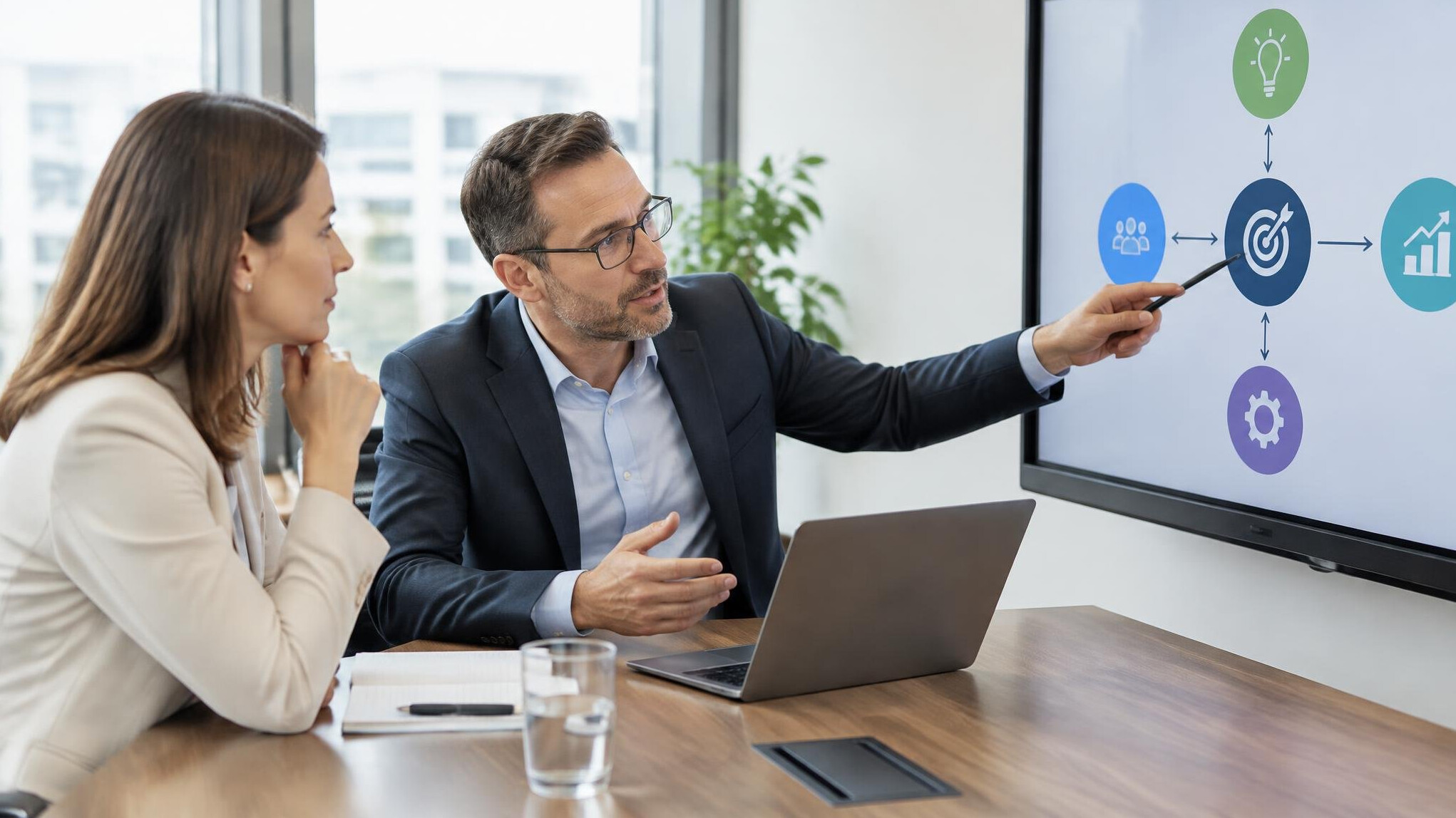 Consultant explaining a strategy diagram to a client