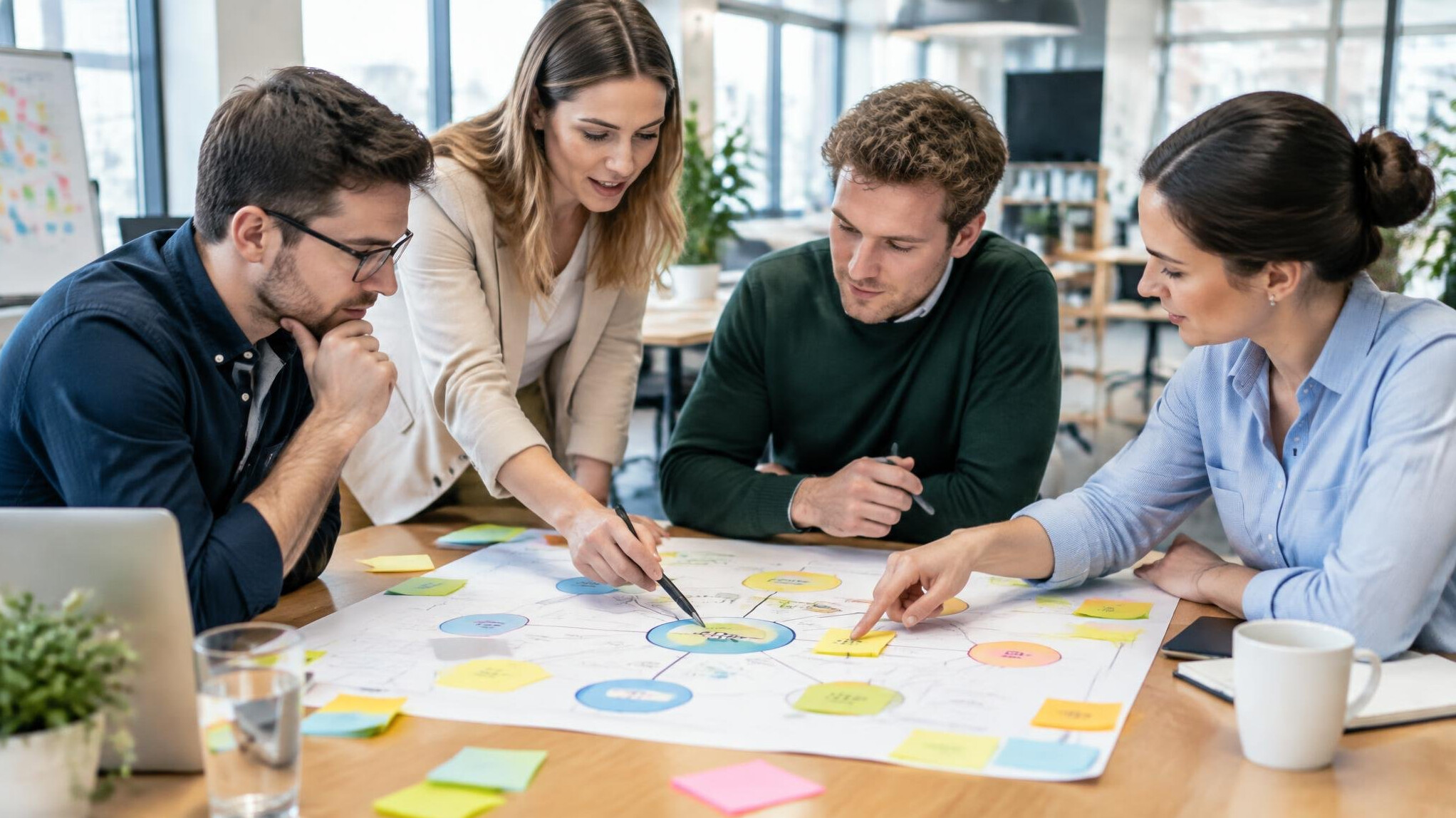 Team brainstorming influence strategy around a table with sticky notes