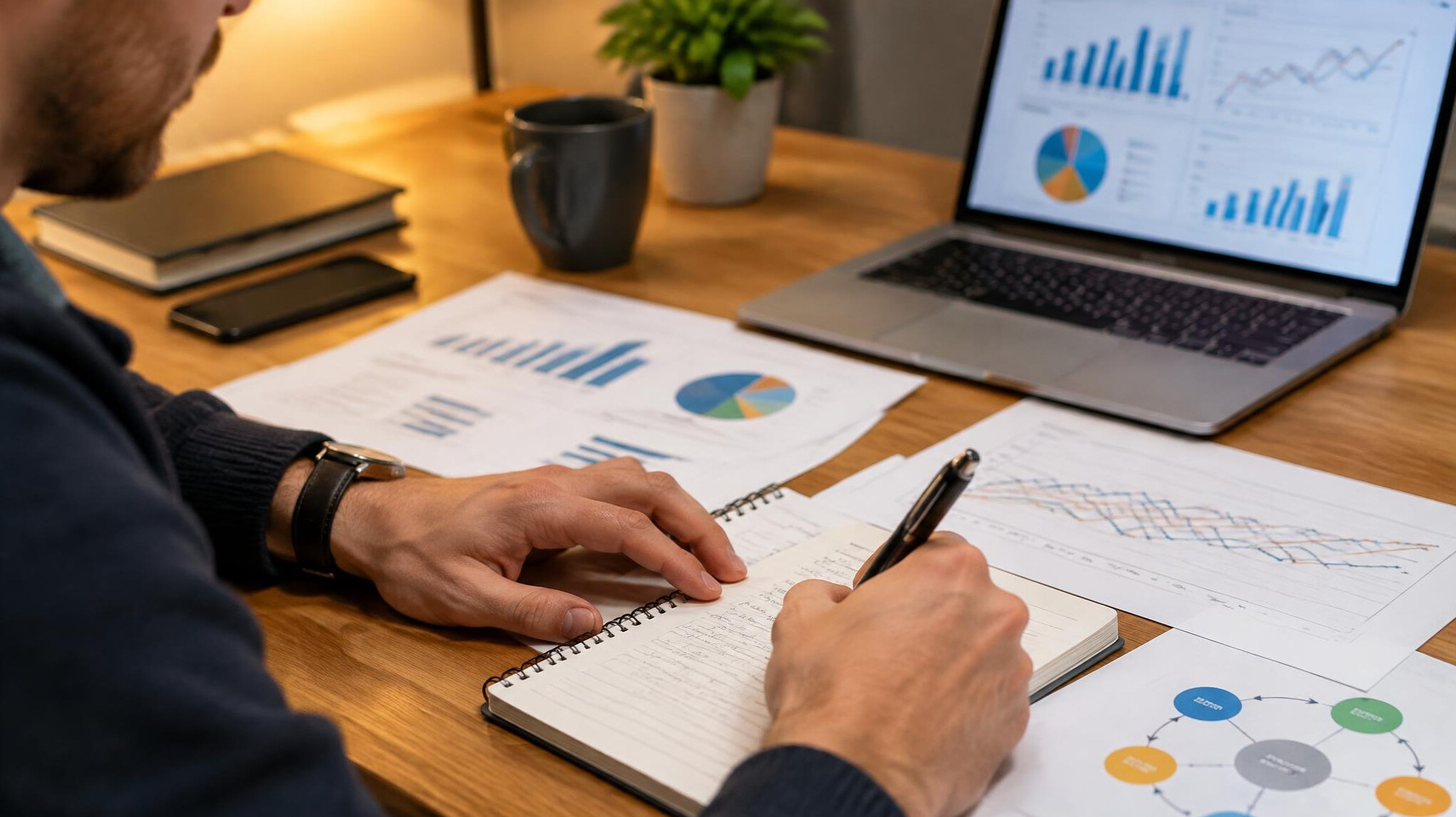 Close-up of hands analyzing documents with charts on a desk